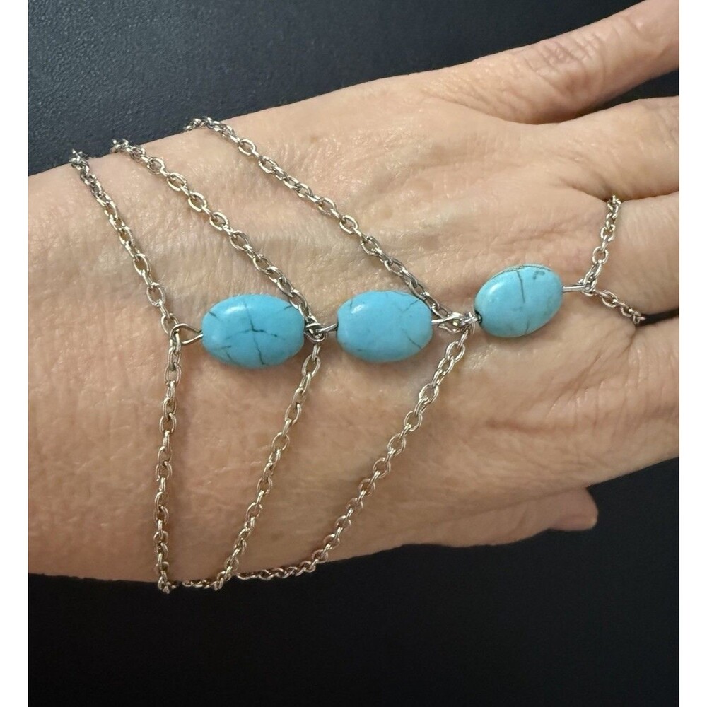 Women's  Silver Tone Fashion Jewelry Hand Chain Blue Stone Bracelet Slave Ring
